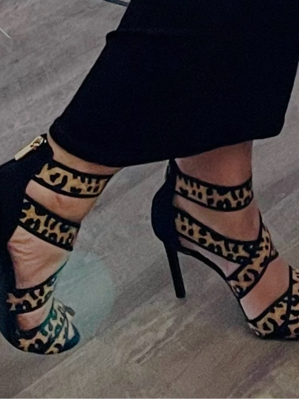 Jessica Leopard Print Strappy High Heels - Black and Tan
